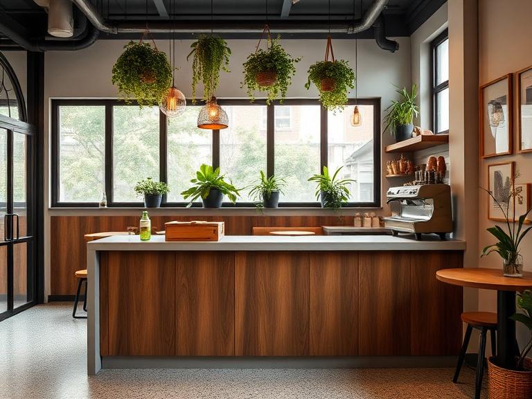Cafe interior with concrete counter, terrazzo floor and hanging plants
