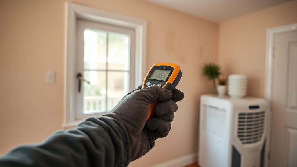 Moisture meter being held against a damp interior wall