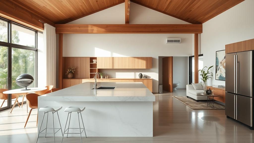 Open-concept kitchen island flowing into a bright living area