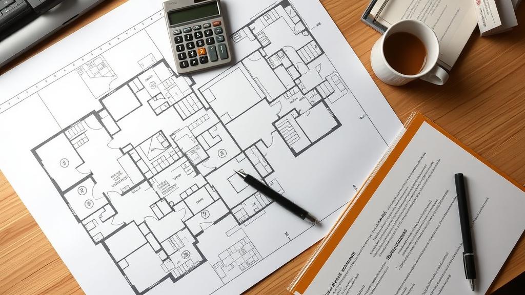 Floor plans and approval documents laid out on a desk
