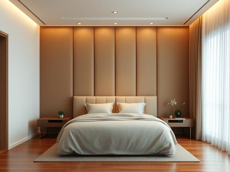Master bedroom with upholstered headboard wall and cove lighting
