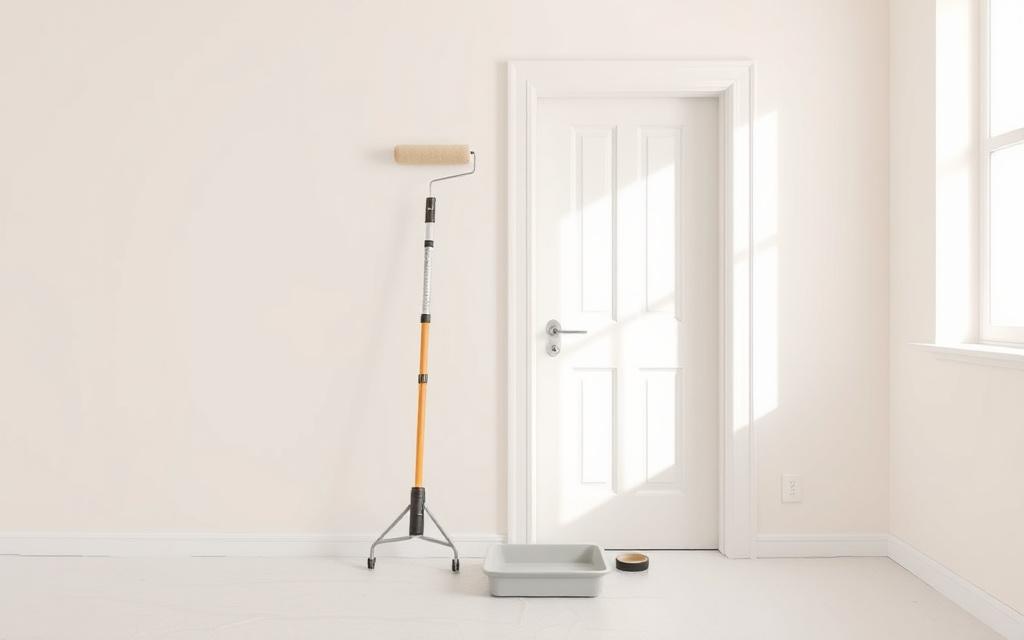 Freshly painted interior wall with roller and masking tape