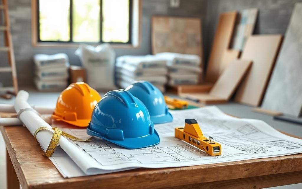 Floor plans, hard hats and tile samples on a renovation site table