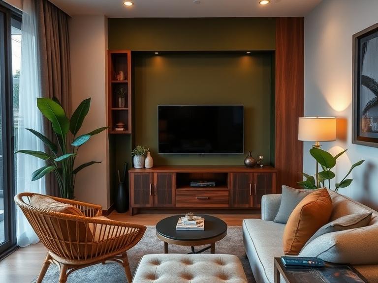 Compact renovated condominium lounge with walnut TV console