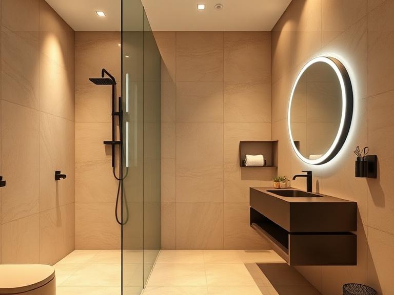 Walk-in rain shower and floating vanity in a remodelled condo bathroom
