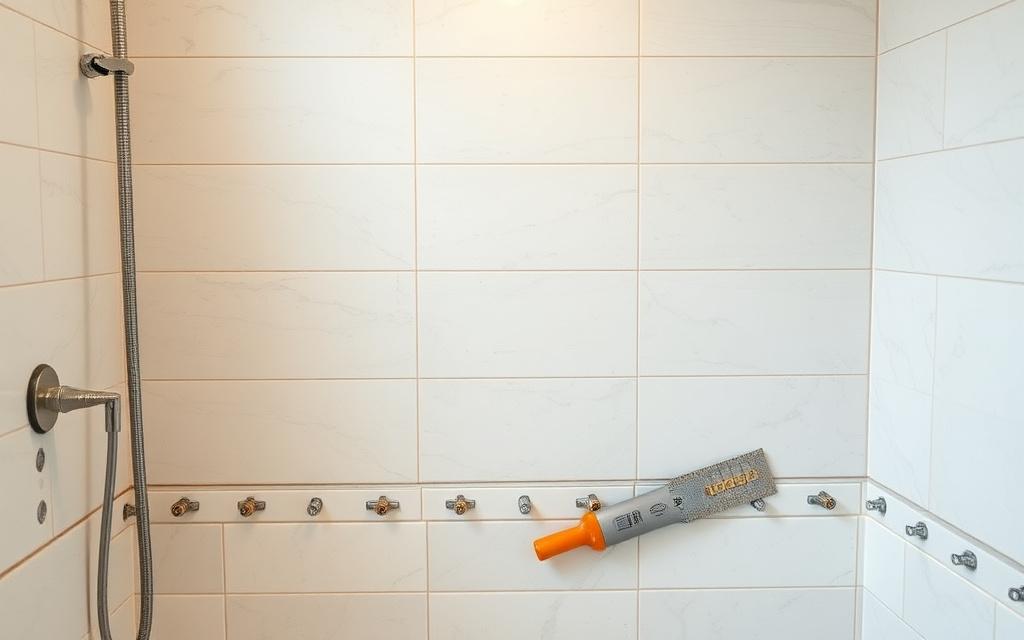 Porcelain tiles being laid over waterproofing membrane in a bathroom